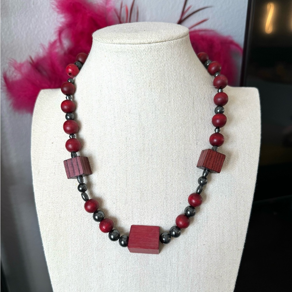 Artisan Red Wood Beaded Necklace